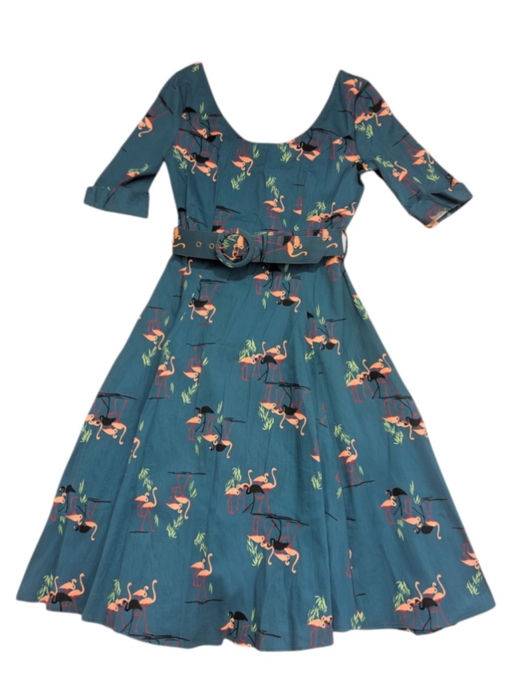 Collectif Retro Teal Flamingo Print Dress, Size 4 6 XS S